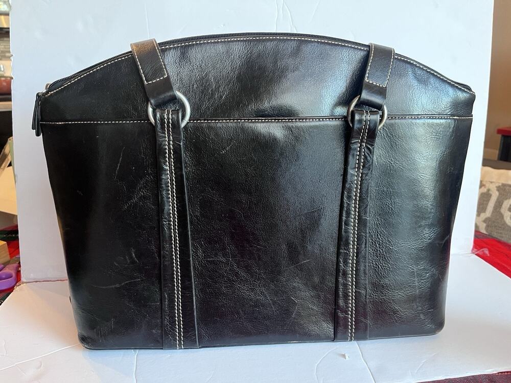 Franklin Covey Black Leather Business Organizer Tote Laptop/Tablet Bag